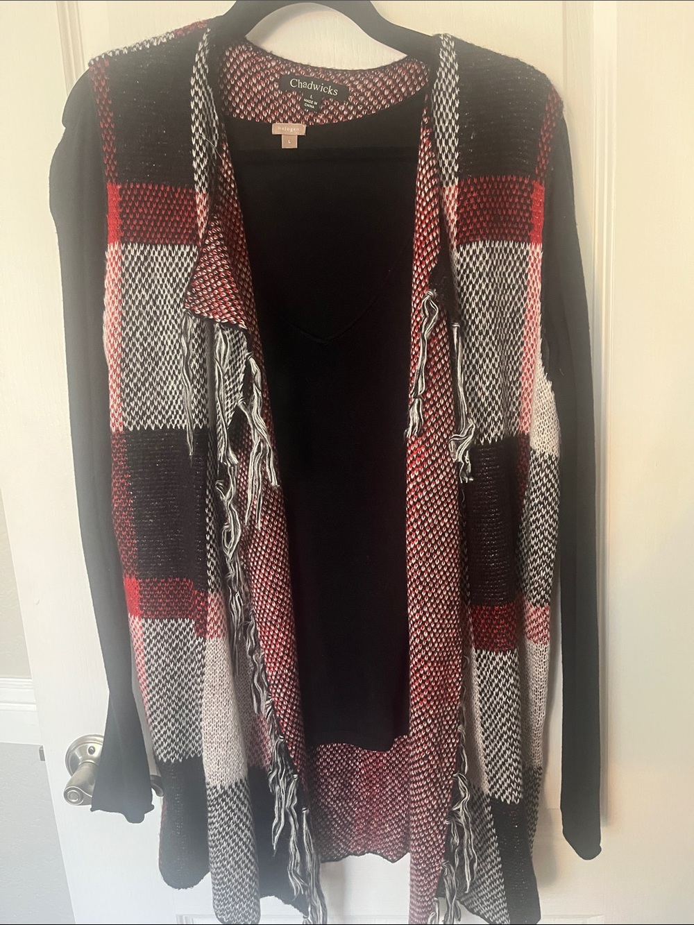 Chadwicks Red, Black & Cream Plaid Fringe Open-Front Vest